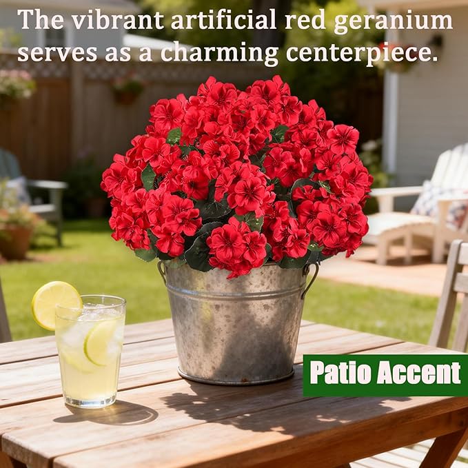 Artificial Flowers for Outdoors, 6 Bundles Realistic Silk Fake Red Geraniums, Faux Plastic Flowers for Outdoor Planters, Hanging Baskets, Window Boxes, Porch, Patio Decor
