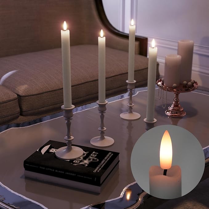 Rechargeable Flameless Taper Candles with Remote, Charging Base, 6 Pcs | 0.78x9.6" white wax LED tapers, 3D flicker, 2.5-hour USB-C charge, up to 160-hour runtime for Home Wedding Christmas Decor