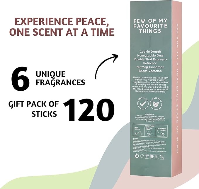 Folkulture Incense Sticks Gift Set (120 Sticks) | Set of 6 Premium Sweet Incense for Beach, Summer Vacation | No Charcoal, Organic, Non Toxic, 45 Mins Long Burning Petrichor, Espresso, Coffee