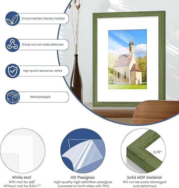 PEALSN 8x10 Picture Frame Set of 6, Display Pictures 5x7 with Mat or 8x10 without Mat for Wall Mounting or Table Top Display, Photo Frames Collage for Wall Decor, Green Woodgrain