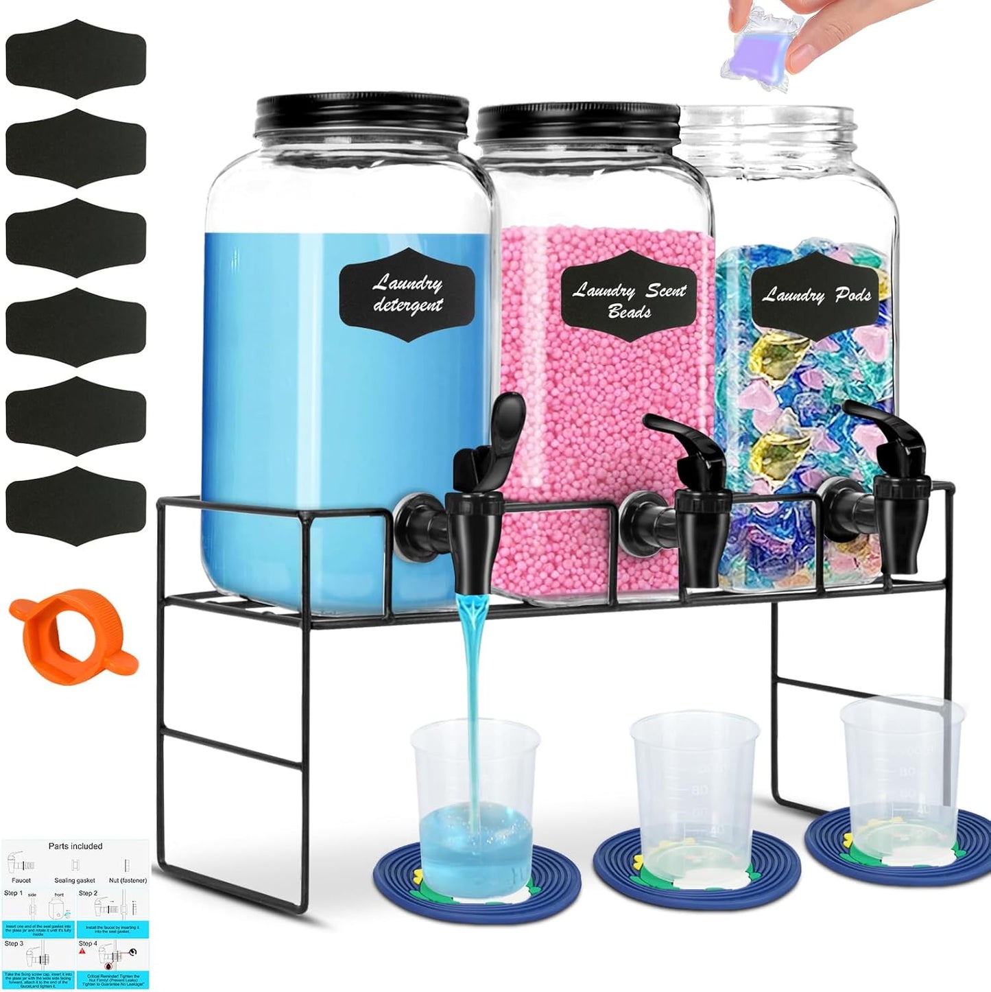 3-Pack 2.2L Glass Laundry Detergent Dispenser Set with Stand - Premium Liquid Soap Dispenser with PP Spigots, Measuring Cups, and Chalkboard Labels for Laundry Room Organization and Storage