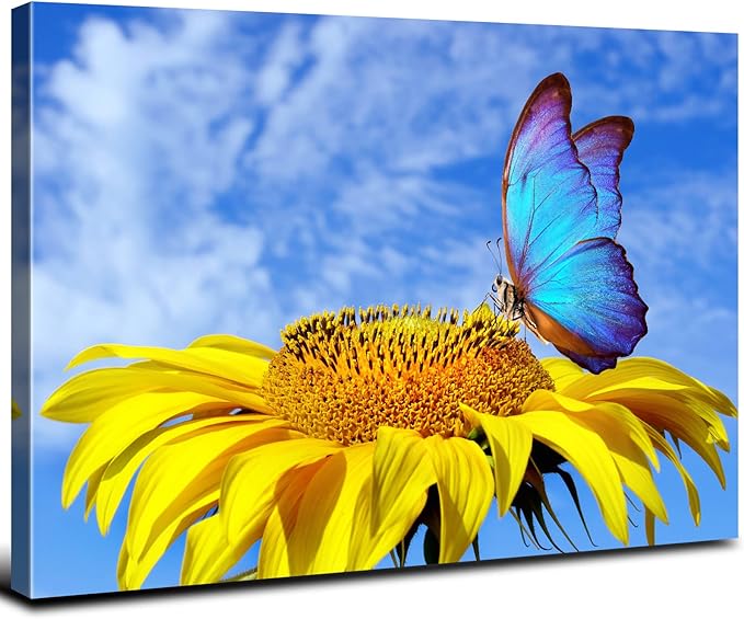 Sunflower Wall Art Bathroom Decor Blue Butterfly Canvas Pictures for Bedroom Sunflower Wall Decor Floral Posters Living Room Kitchen Home Decoration Yellow Sunshine Flower Painting Modern Artwork