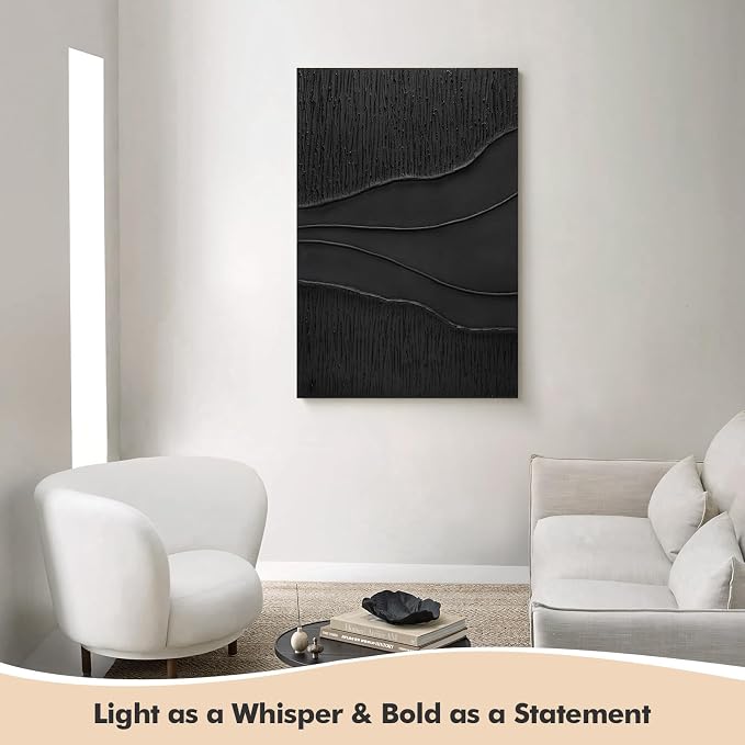 Large Black 3D Textured Wall Art, Hand-Painted Minimalist Canvas Artwork | Modern Abstract Vertical Wall Decor for Living Room Bedroom Office, Original Ocean Waves Oil Painting Home Decor, 24x36 in