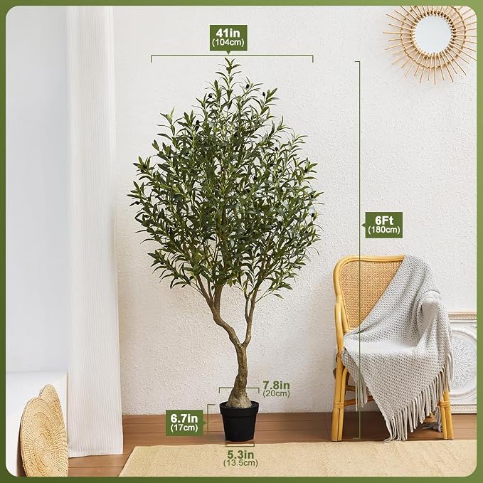 Artificial Olive Tree 6FT Fake Plants Indoor - UV Resistant Faux Olive Tree in Black Pot, Outdoor Tall Faux Silk Tree - Fake Trees for Modern Home Decor,Living Room, Office, Patio, Balcony, VN154