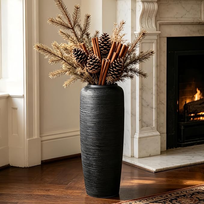 Large Rustic Ceramic Black Vase,19.7 Inch Tall Pottery Farmhouse Decor Floor Vase Vintage Flower Vases for Home Living Room Entryway Table Centerpiece Decor,Terracotta Vases,Wedding Gift