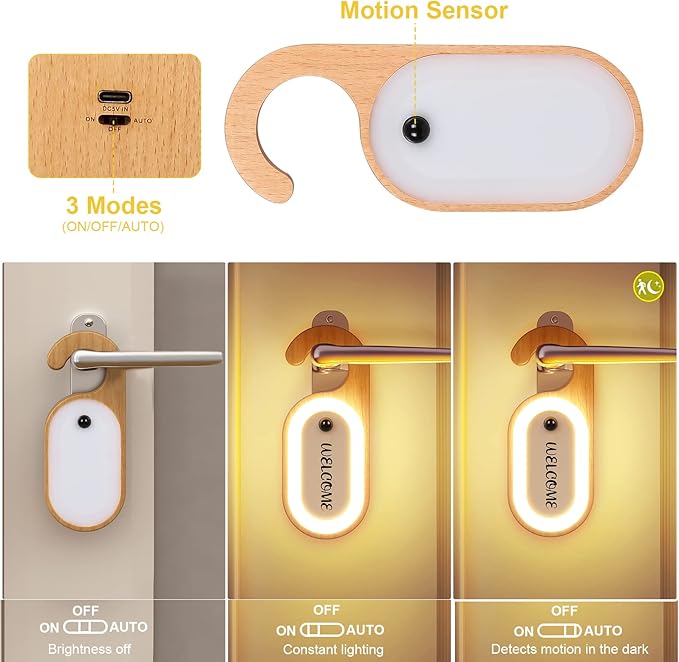 Hotel Door Sign Night Light with Motion Sensor, Reusable Message Board Doorknob Lamp, Wooden Finish LED Light for Bedroom Bathroom, Rechargeable Hook Design, 1-Pack