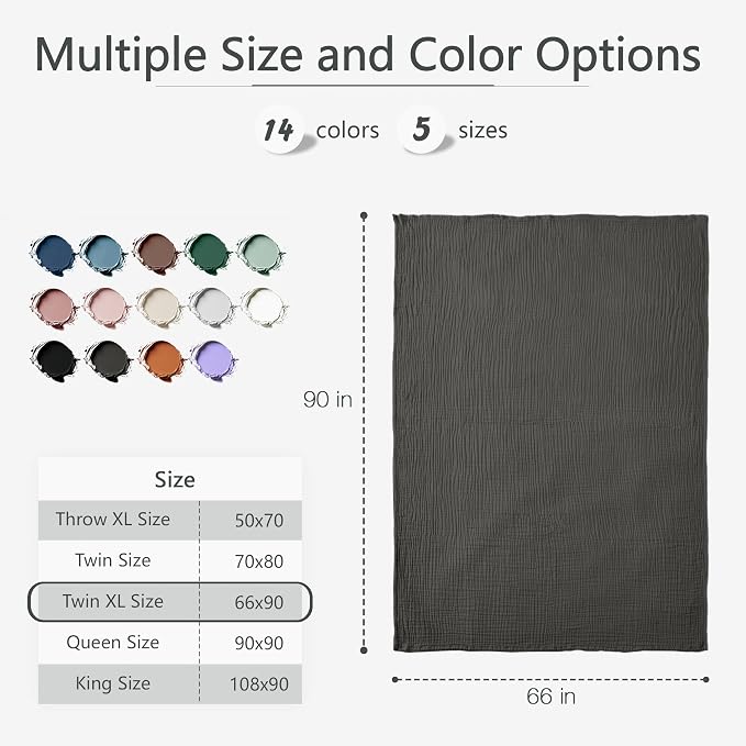 Carriediosa 100% Cotton Muslin Throw Blanket 66" X 90" Twin XL Size，4-Layers Summer Gauze Throws for Bed Couch，Soft Lightweight Breathable Linen Blankets Bedspread for Adults All Season，Dark Gery