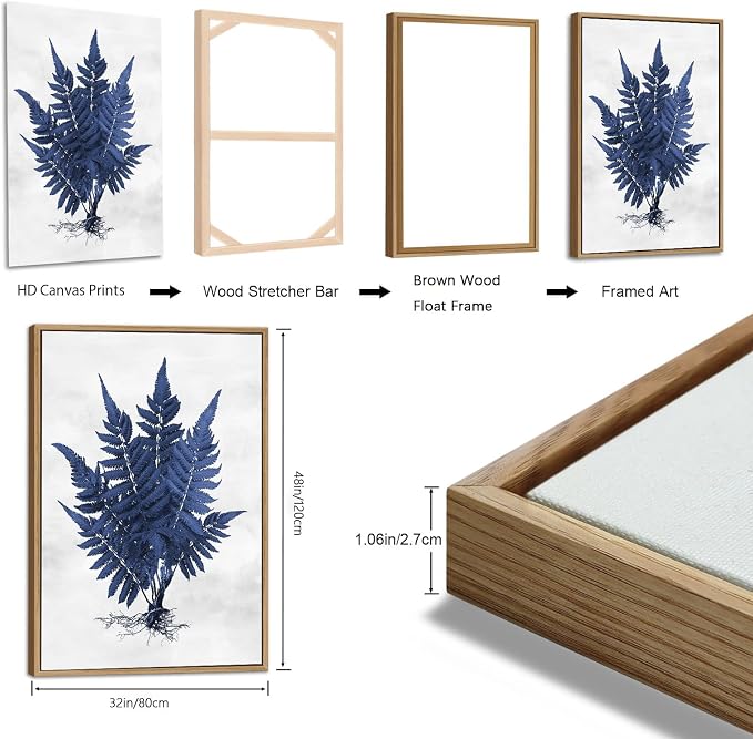 Large Botanical Wall Art for Living Room Natural Wood Float Framed Art Set of 3 Plant Pictures Boho Artwork Navy Blue Grass Canvas Prints for Bedroom Kitchen Home Office Wall Decor 32"X48"X3