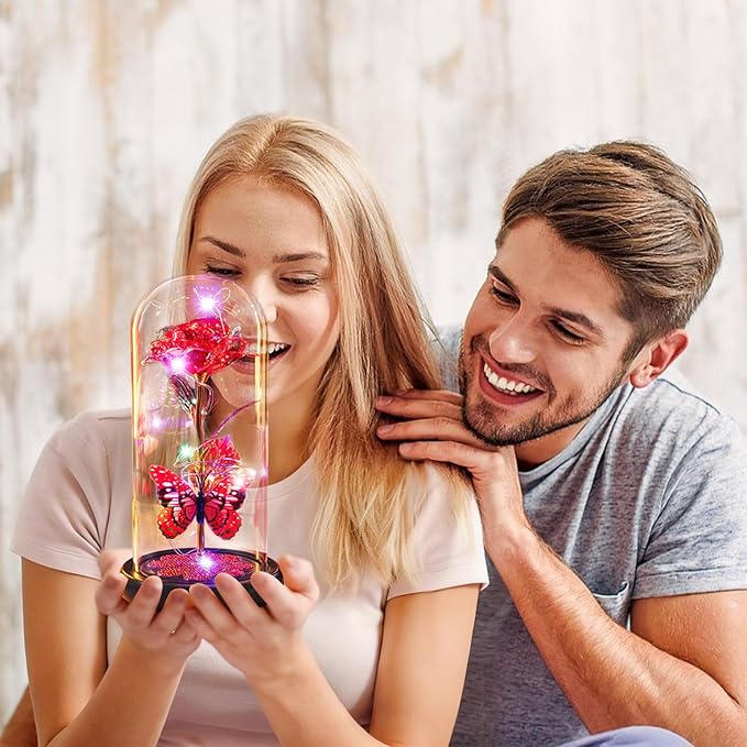Mothers Day Rose Gifts for Mom Birthday Gift for Women Galaxy Glass Rose in Glass Dome Forever Eternal Crystal Roses with Butterfly Mother's Day Flower Gifts for Women Wife Grandma Daughter Sister Red