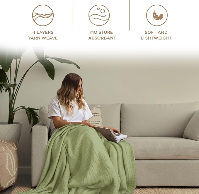 Threadmill Muslin Throw Blanket | 4 Layer 100% Cotton Gauze | Lightweight, Breathable, and Soft All Season Blanket | 50 x 65 Cozy Throw for Sofa, Couch & Bed | Sage Green