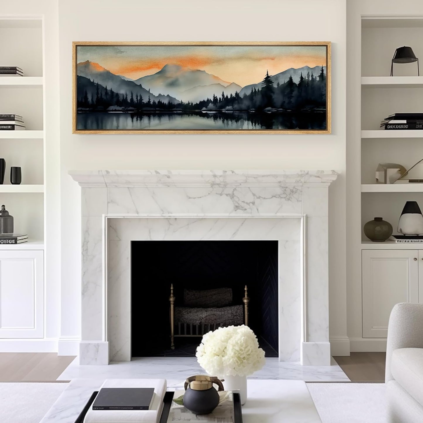 MUDECOR Large Framed Canvas Print Wall Art Sunset Mountain Range and Lake Panoramic Antique Retro Fine Art Illustrations Decorative Colorful for Bedroom - 60"x20"