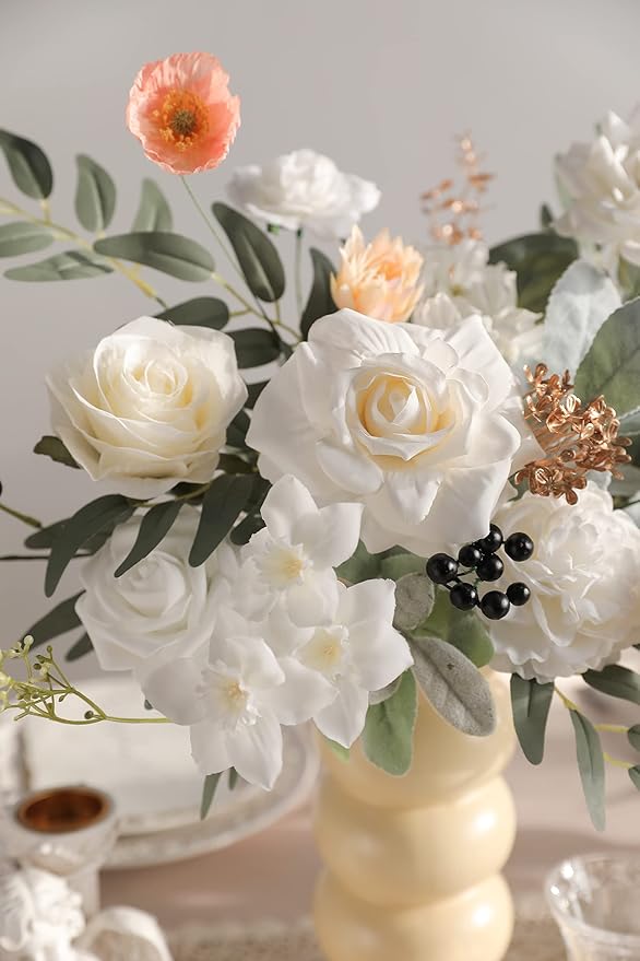 rongflower White Artificial Flowers Combo Silk Mix Fake Flowers Leaf for DIY Wedding Bouquets Centerpieces Arrangements Party Baby Shower Home Decorations