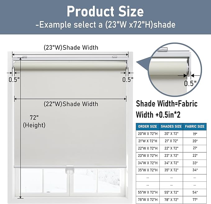 Cordless Roller Shades Blackout Blinds for Windows Room Darkening Rolled Up Shades with Spring System, UV Protection Window Shades Door Blinds for Home and Office (61" W x 72" H, Ivory)