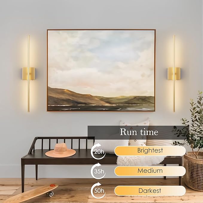 KARTOOSH 28.3 Inch Battery Operated Wall Sconces Wireless Set of 2, Gold | RGB Wall Lamps, 3 Color Temps, Remote Control, Dimmable Rotatable, LED Wall Lights for Living Room Bedroom
