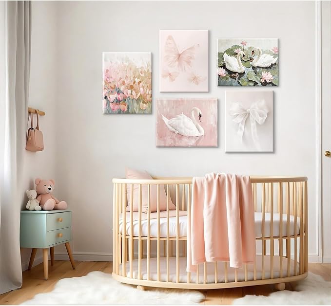 Coquette Pink Wall Art Decor Aesthetic Swan Posters Bow Flower Canvas Wall Art Preppy Cute Pictures Trendy Butterfly Posters Coquette Aesthetic Prints for Girl Dorm Room Bedroom 8x10x5 Inch Framed