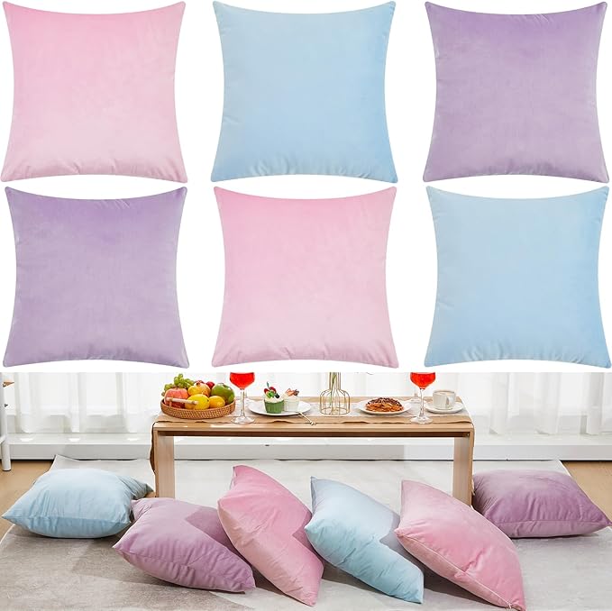 Berlune 6 Pcs Velvet Throw Pillow Covers 18" x 18" Decorative Cushion Cases Soft Pillowcase for Graduation Coquette Party Accessories Couch Sofa Bed Chair Home Decor, No Inserts (Pastel Colors)