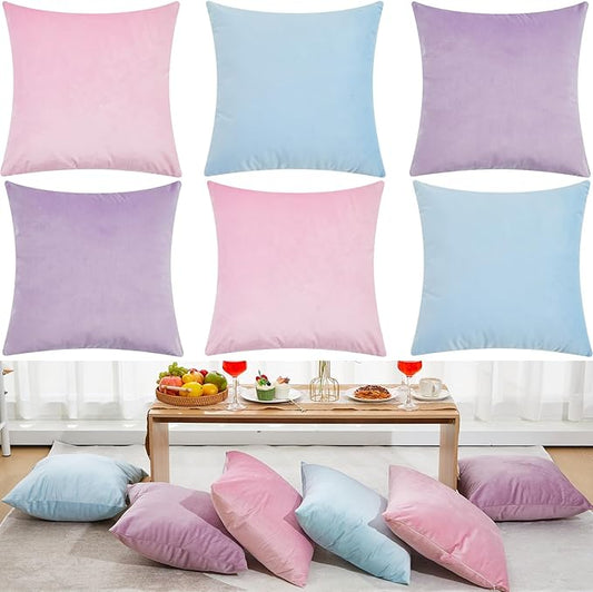 Berlune 6 Pcs Velvet Throw Pillow Covers 18" x 18" Decorative Cushion Cases Soft Pillowcase for Graduation Coquette Party Accessories Couch Sofa Bed Chair Home Decor, No Inserts (Pastel Colors)