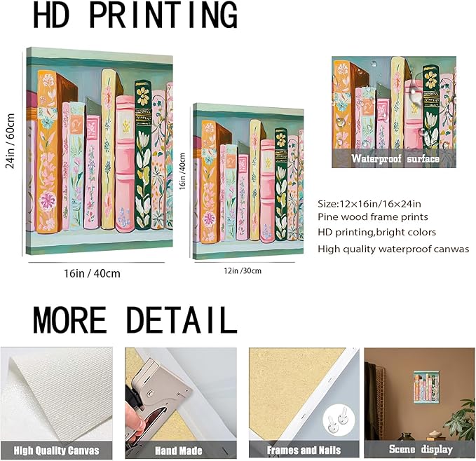 Book Wall Art Vintage Flower Books Canvas Wall Decor Pastel Bookshelf Artwork Painting Pictures Colorful Book Stack Posters Prints for Living Room Bedroom Reading Nook 12x16 Inch Framed