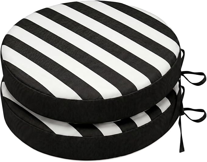 SK Studio Round Outdoor Chair Cushions for Patio Furniture, Set of 2 Waterproof Patio Chair Cushion with Adjustable Ties for Garden Sofa Couch, Black and White Stripe, 22"x22"x3"