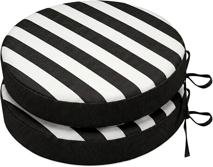 SK Studio Round Outdoor Chair Cushions for Patio Furniture, Set of 2 Waterproof Patio Chair Cushion with Adjustable Ties for Garden Sofa Couch, Black and White Stripe, 17"x17"x3"