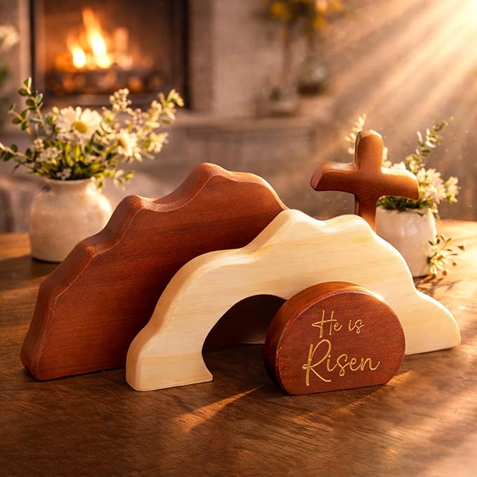 He Is Risen Easter Decor – Wooden Resurrection Scene with Empty Tomb, Cross & Figurines, Christian Religious Tabletop Decoration for Home Christian Easter Basket Stuffer