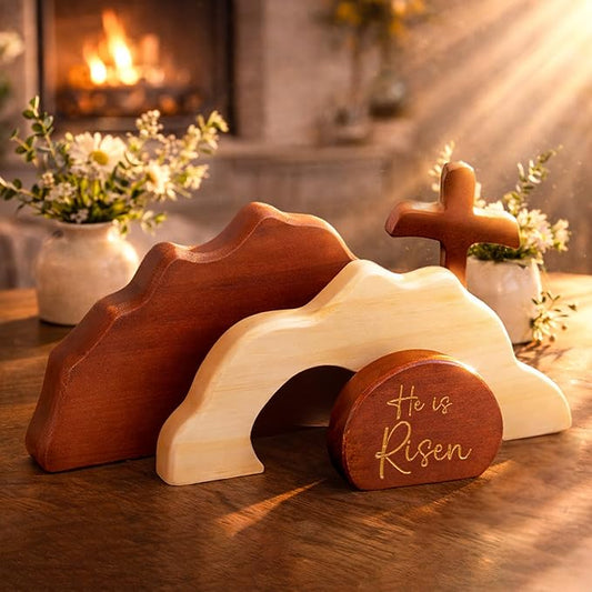 He Is Risen Easter Decor – Wooden Resurrection Scene with Empty Tomb, Cross & Figurines, Christian Religious Tabletop Decoration for Home Christian Easter Basket Stuffer