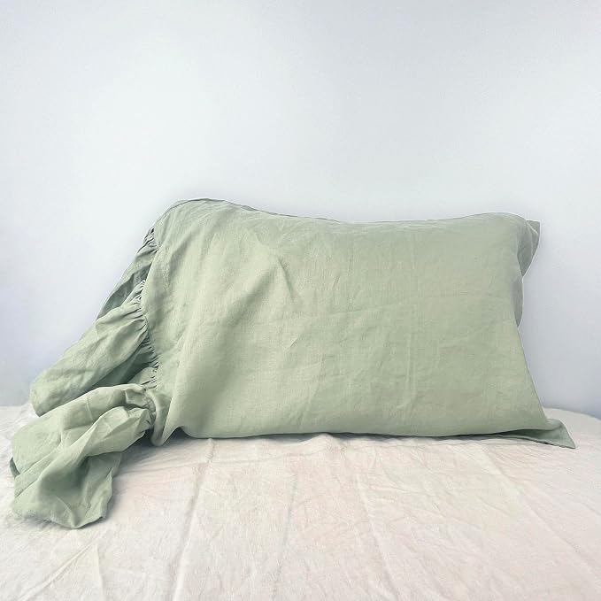 Bean Green Ruffles Linen Pillowcase, French Linen Pillow Cover, Twin Size 1 Piece Farmhouse Shabby Chic Pillow Case, 20''x26'' Pillowcase with Decorative Ruffle Envelope Closure