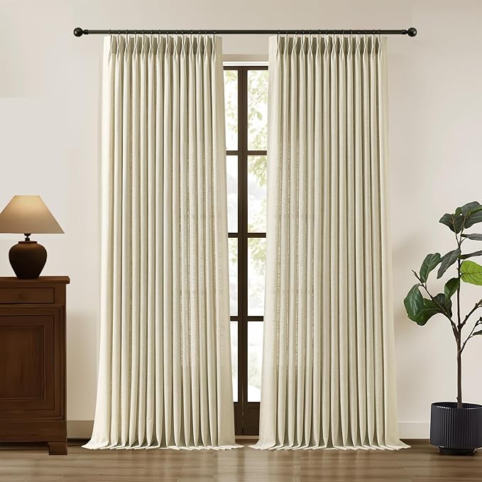 90 Inch Curtains Pinch Pleated Linen Curtain for Living Room, Floor to Ceiling Neutral Light Filtering Pleat Drapes Textured Thick Semi-Sheer Curtains with Hooks for Bedroom Farmhouse, 2 Panels