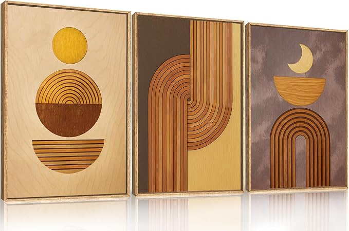 Large Boho Woodcut Framed Canvas Wall Art,Mid Century Modern Wall Decor,Abstract Geometric Brown Art Prints,Bohemian Sun and Moon Artwork for Living Room,Bedroom,Office -24"x36"x3