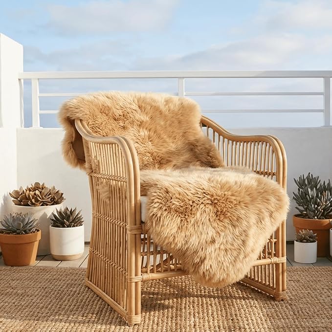Fluffy Genuine Sheepskin Rug, Fuzzy Shaggy Fur Area Rug, Soft Fur Prayer Pup Mat Carpet, Chair Sofa Seat Cover, Bedroom, Living Room Double Pelts (Light Brown, 2x6ft)