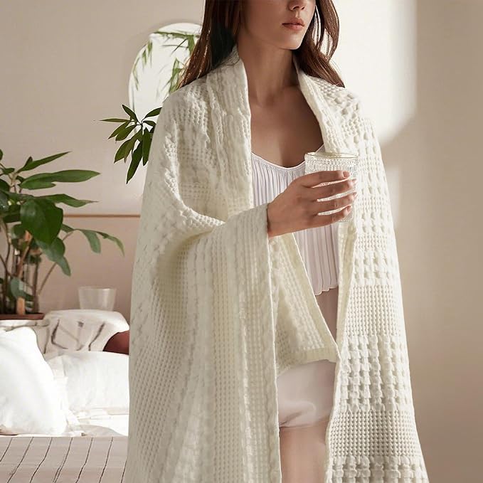 PHF 100% Cotton Waffle Throw Blanket for Couch, Lightweight Breathable and Soft for Summer, Luxury Aesthetic Waffle Weave Blanket for Home Decor & Office, Gifts for Women, 50"x60", Ivory