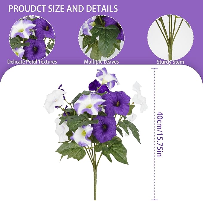 Artificial Flowers for Outdoors, Faux Morning Glory Spring Summer Decoration, Fake Flowers Plants UV Resistant Look Real Silk Flowers for Outside Planter Front Door Porch Patio Yard (12, Purple-White)