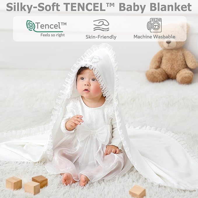 Tencel Baptism Baby Blanket – Lyocell Christening Blanket with Pleated Edge and “Be Blessed” Cross Embroidery, 39.4×39.4 in, Soft Heirloom Religious Gift for Boys & Girls