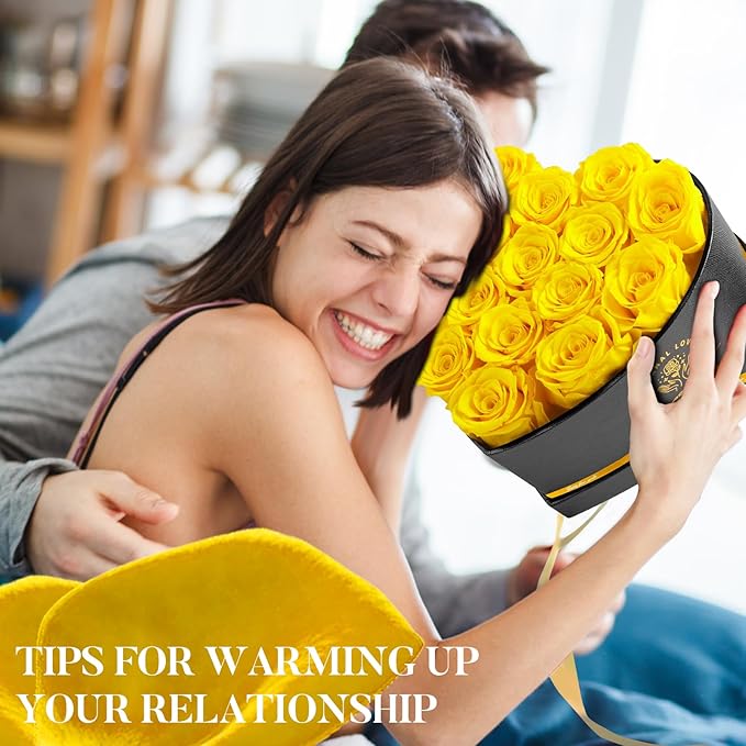 Impouo 16 pcs Preserved Flowers Rose in a Heart Shape Box,Preserved Flowers,Gifts for Women,Mothers' Day,Valentine's Day or Valentine’s Day,Yellow