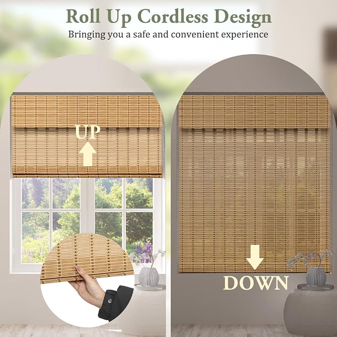 Kokorona Cordless Bamboo Roman Shades with Valance, Light Filtering Bamboo Blinds for Interior Windows, Natural Roll Up Bamboo Shades for Home, Office, Easy Installation, 23" W x 64" H, Natural