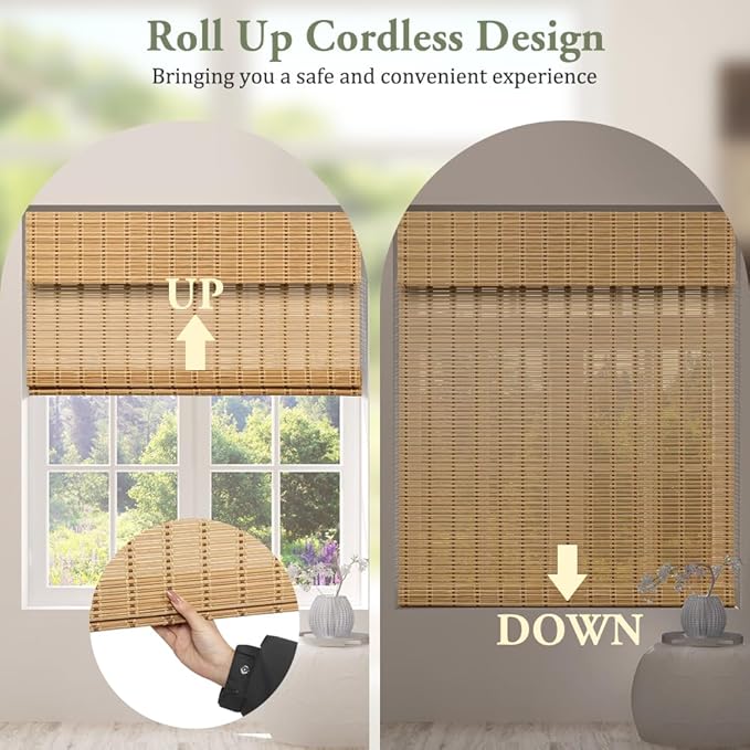 Kokorona Cordless Bamboo Roman Shades with Valance, Light Filtering Bamboo Blinds for Interior Windows, Natural Roll Up Bamboo Shades for Home, Office, Easy Installation, 31" W x 64" H, Natural