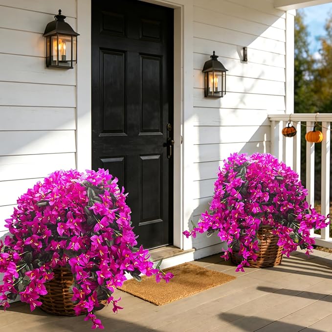 Grunyia Artificial Bougainvillea Flowers Outdoor UV Resistant, 4 Pcs Fake Silk Trailing Vines Realistic Faux Hanging Plants for Porch Patio Garden (Fuchsia)