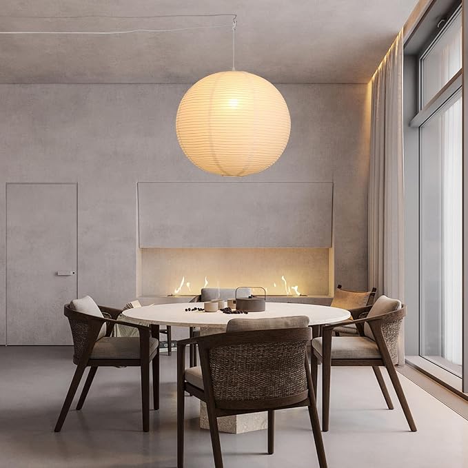 Paper Lantern Lamp Plug in Hanging Lamp, 20in White Rice Paper Pendant Light with 19.7FT Cord Large Globe Japanese Japandi Wabi Sabi Chandelier for Dining Living Room Bedroom Office 1 Pack