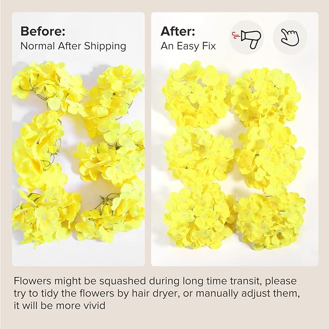 Auihiay 64pcs Hydrangea Artificial Flowers, Yellow Silk Hydrangea Heads with Stems, Hydrangea Flowers for DIY Wedding Centerpiece Baby Shower Home Party Decor (Yellow)