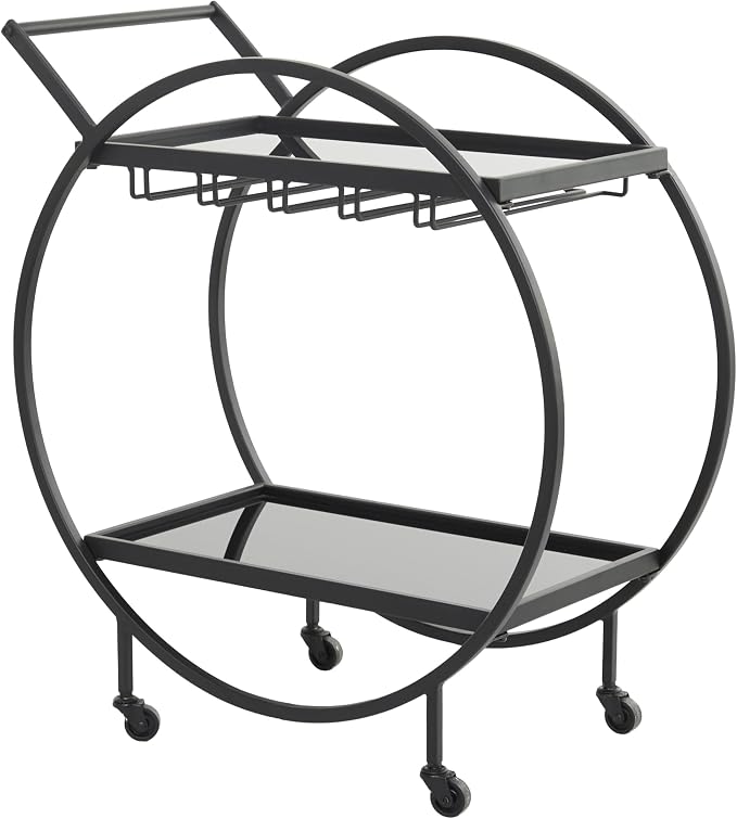 Deco 79 Metal Rolling 2 Mirrored Shelves Bar Cart with Wine Glass Storage and Handle, 28" x 14" x 31", Black