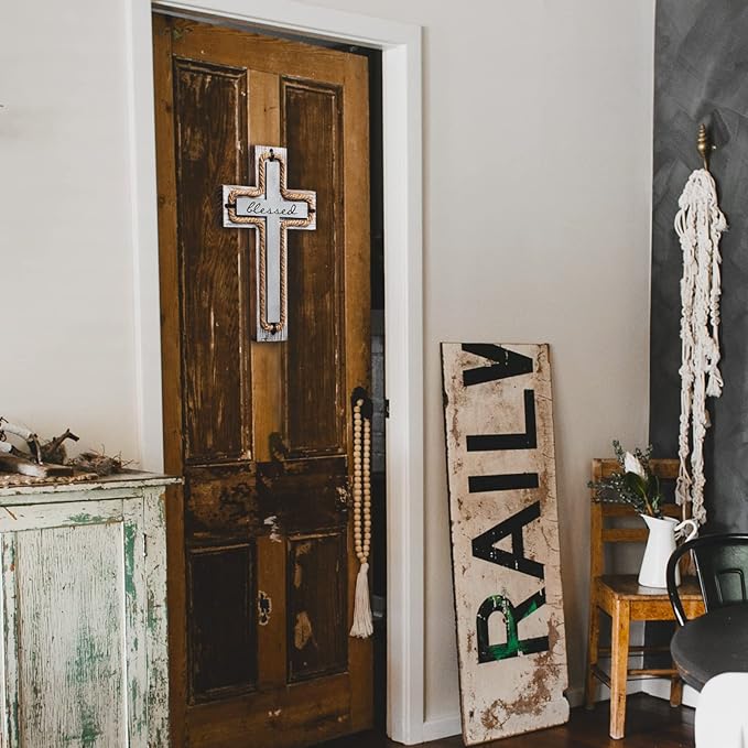 OKSQW Wall Wooden Cross with Wooden Base Christians Crosses Spiritual Religious Cross Christmas Wall Hanging Handmade Wood Hemp Rope & Blessed Design for Church Home Room Décor Wood Crucifix Gift