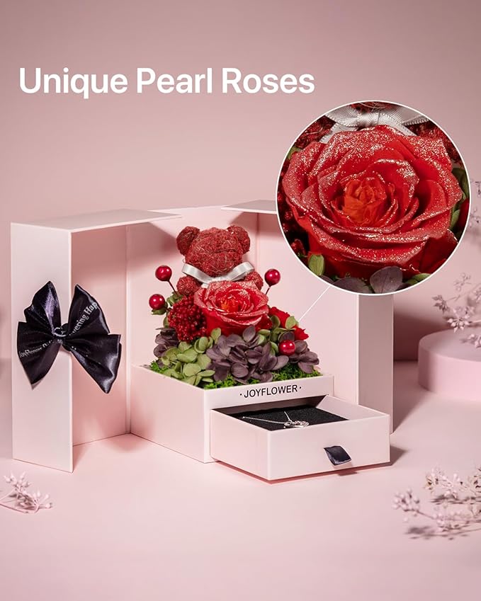 JoyFlower Preserved Flowers Bear with Necklace Gifts for Girlfriend, Unique Pearl Rose Bear Necklace Birthday Gifts for Mom, Red Eternal Roses Mother's Valentine's Day for Wife Her