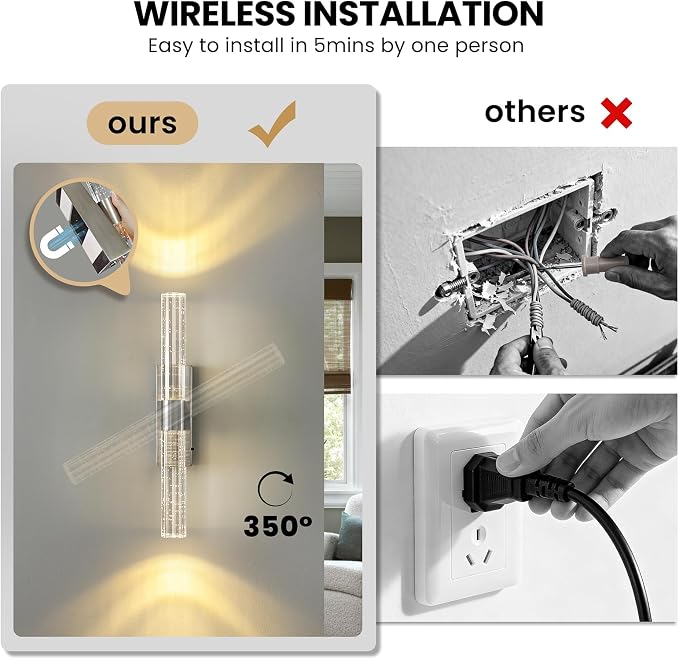 Battery Operated Wall Sconces Set of Two - Rechargeable Wireless Nickel Sconces with 12000mAh Remote Control Modern Crystal Wall Lights Cordless Wall Lamps for Bedroom Living Room Bathroom