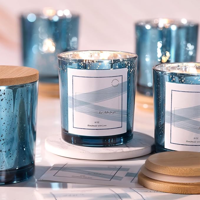 LAMORGIFT 15 Pack Glass Candle Jars with Lids (8oz, Lake Blue) - Candle Making Jars Containers for Making Candles - Mercury Glass Candle Jars Include 20 Pcs Labels