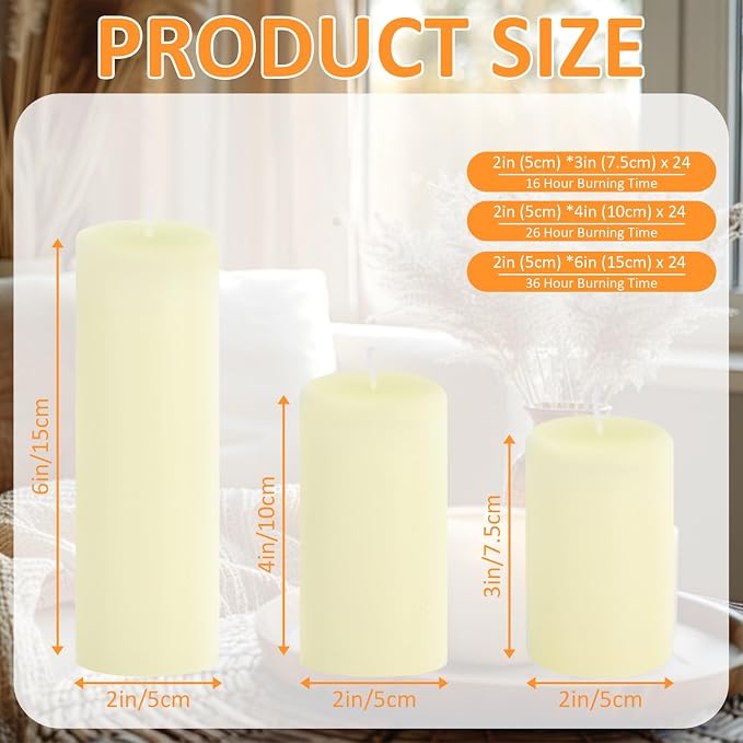 72-Pack Ivory 2-Inch Wide Pillar Candles, Bulk Set of 3 Heights (3, 4, 6 Inch), Dripless Unscented Smokeless Hurricane Candles for Creating Warm Elegant Atmosphere at Weddings and Events.