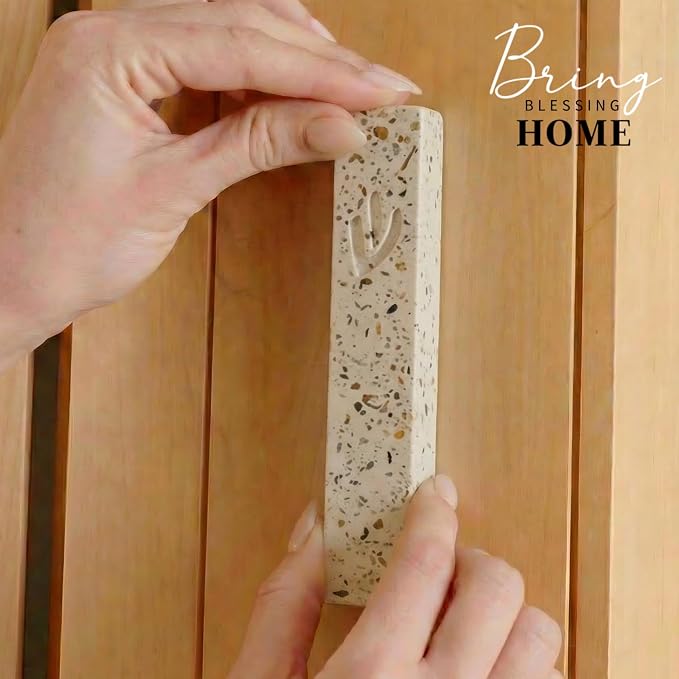 SURI Mezuzah for Door – 6 Inch Terrazzo Pink Concrete Mezuzah Case with Non Kosher Scroll, Self-Stick Jewish Entry Design, Fits a 5 Inch Scroll, Gift Box Included