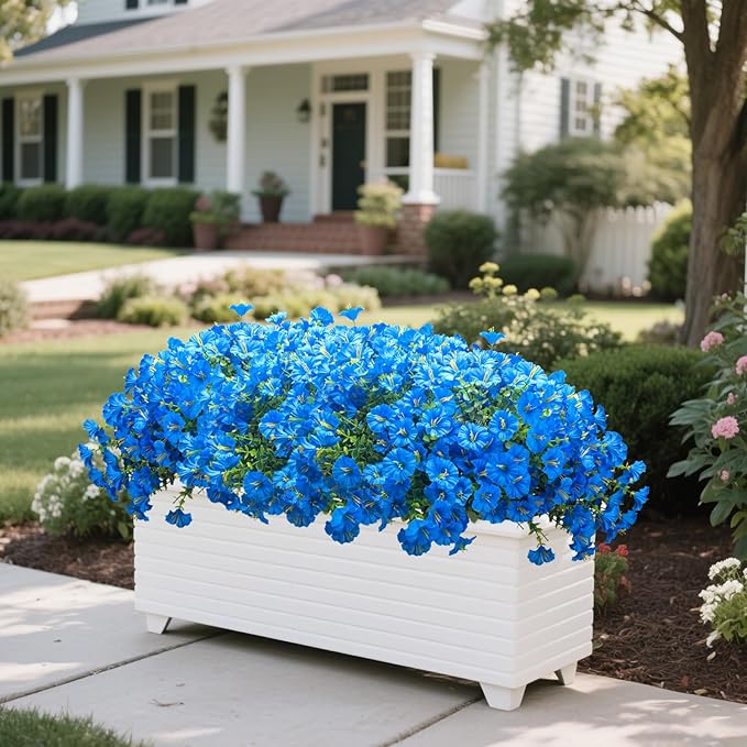 Grunyia UV Resistant Artificial Morning Glory Flowers - 16 Bundles Blue Faux Plastic Fake Plants with Eucalyptus for Outdoor Indoor Porch Patio Planter Window Box Garden Home Decor