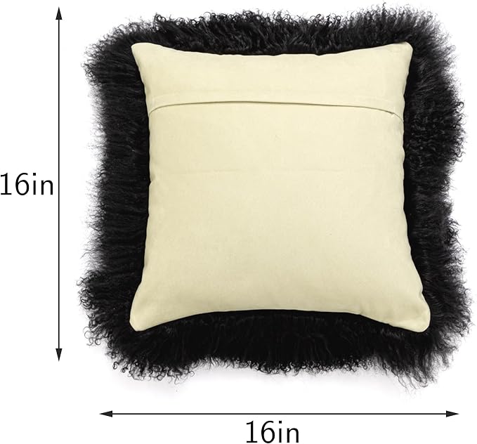 Black Mongolian Lamb Fur Pillow Cover Luxurious Sheep Skin Cushion Cover Soft Plush Fur Pillow Case Home Decorative Square Throw Pillow cover Plain Wool Pillow Protector 16 X 16 Inch Bedroom