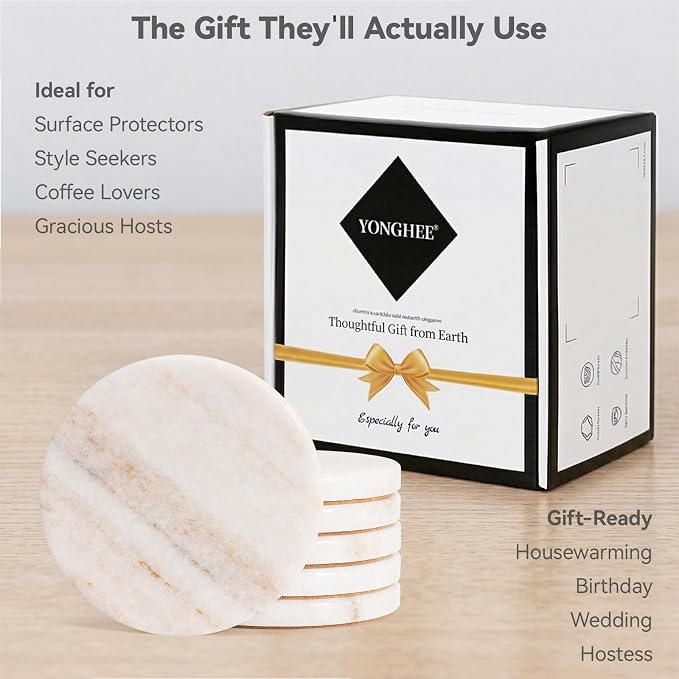 Cream White Marble Coasters Set of 6, Modern Neutral Drink Coaster for Coffee Table, 4" Round Polished Natural White Stone Coaster with Tan Veins – Heat Resistant, Non-Slip, Housewarming Gift