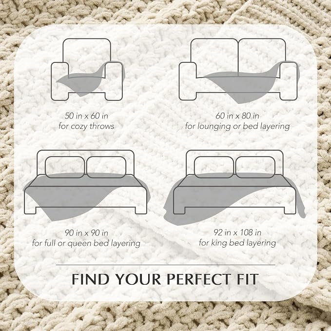 EVERGRACEHOME Chunky Chenille Knit Throw Blanket for Couch, Soft Luxurious Oversized King Moss Stitch Blanket for Bed, Large Cozy Farmhouse Knitted Throw for Sofa, Beige, 92" x 108"